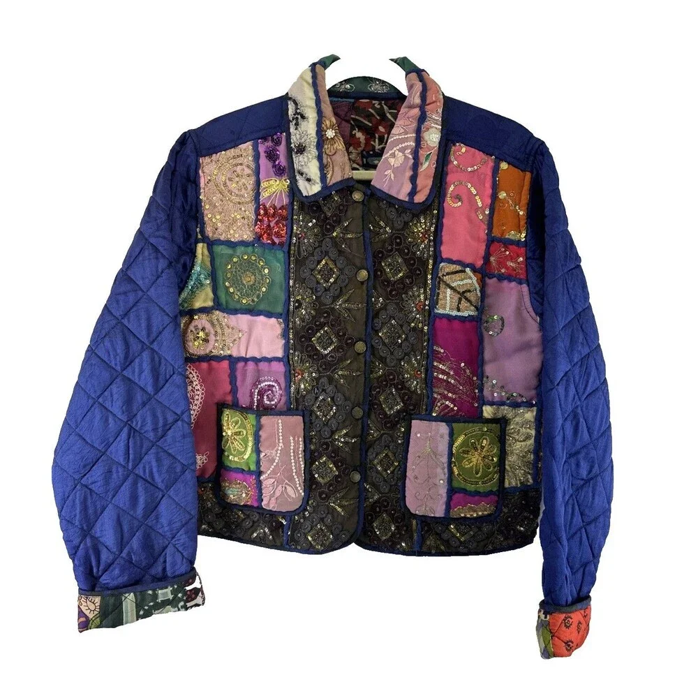 C:eed By Carla Freeman Silk Reversible Jacket Satin Sequin Floral Button Small